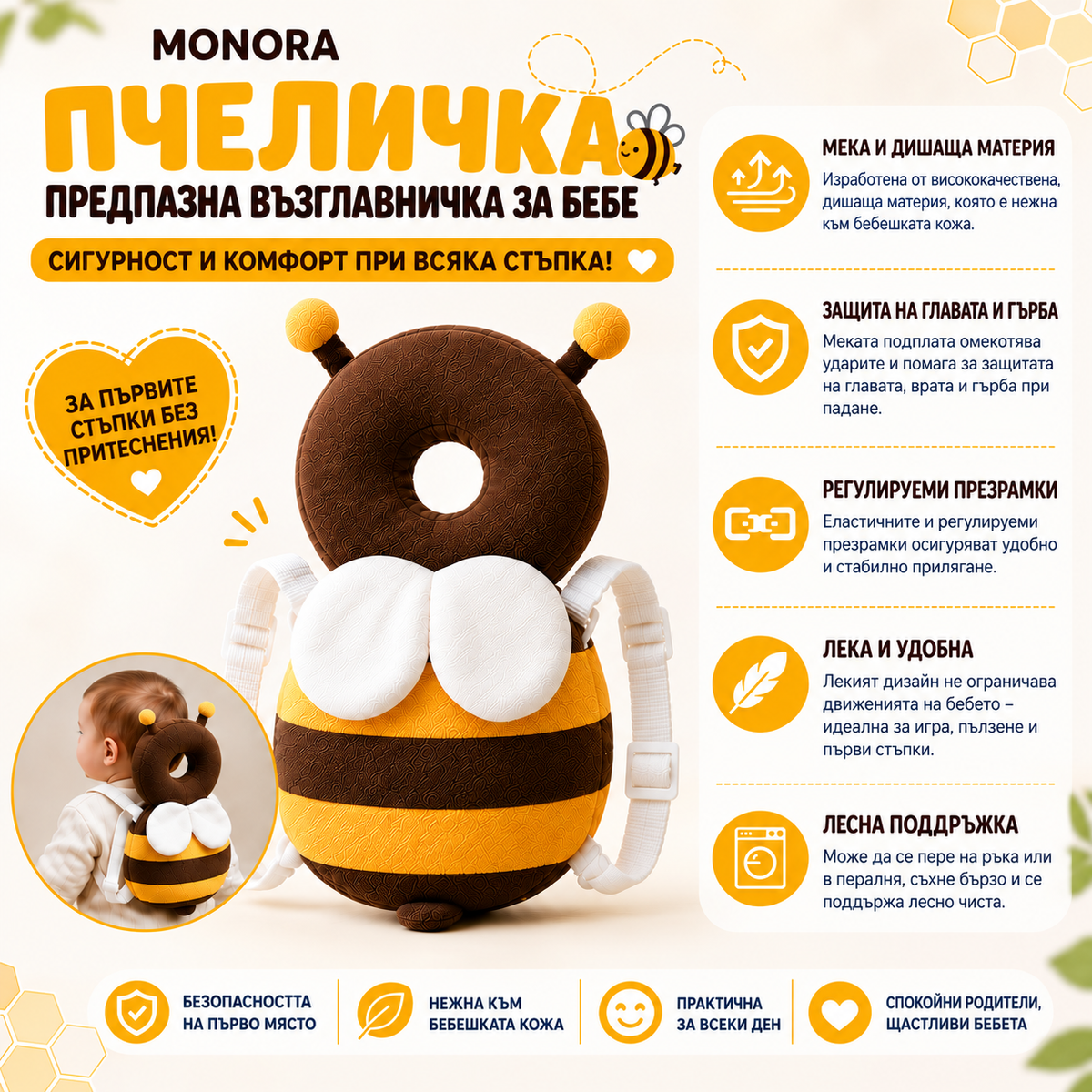 MONORA - Възглавничка за Защита на Главата и Гърба на Бебето
